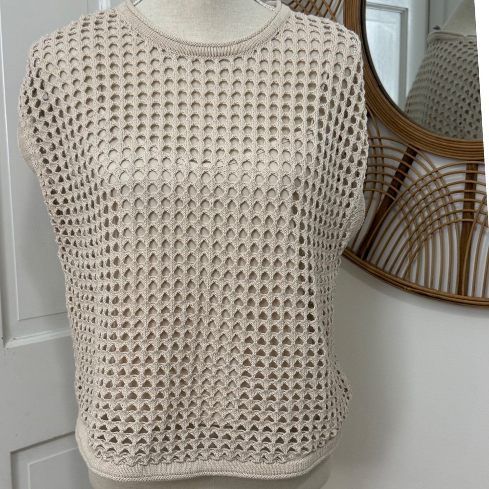 Steve Madden Crochet Top L Beige Open Knit Boho Minimalist Beachy Neutral Boxy